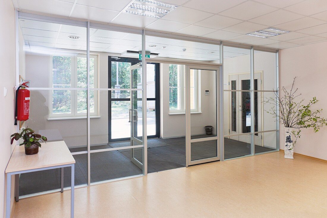 Entrance area of school with wide glass wall