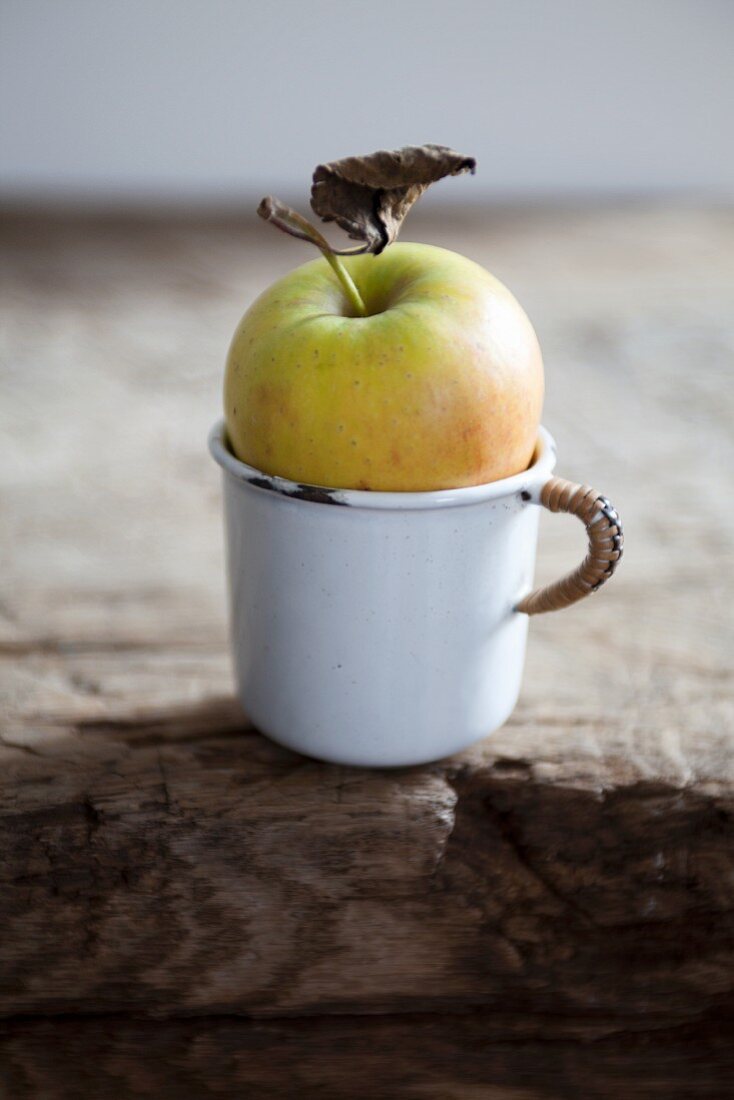 An apple in an enamel cup