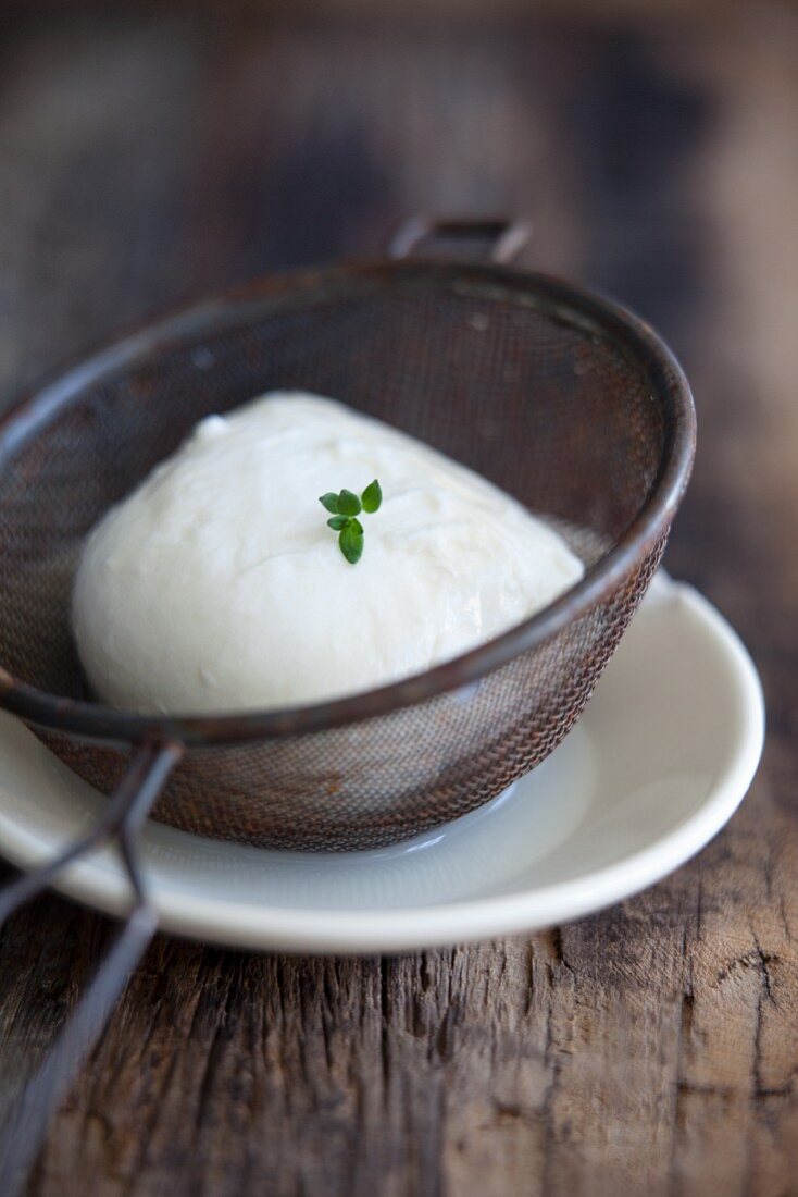 Buffalo mozzarella in a sieve