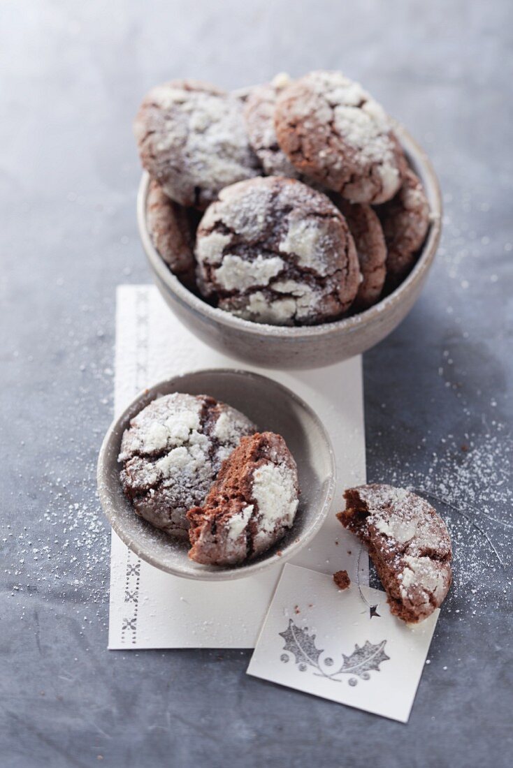 Chocolate cookies dusted with icing sugar