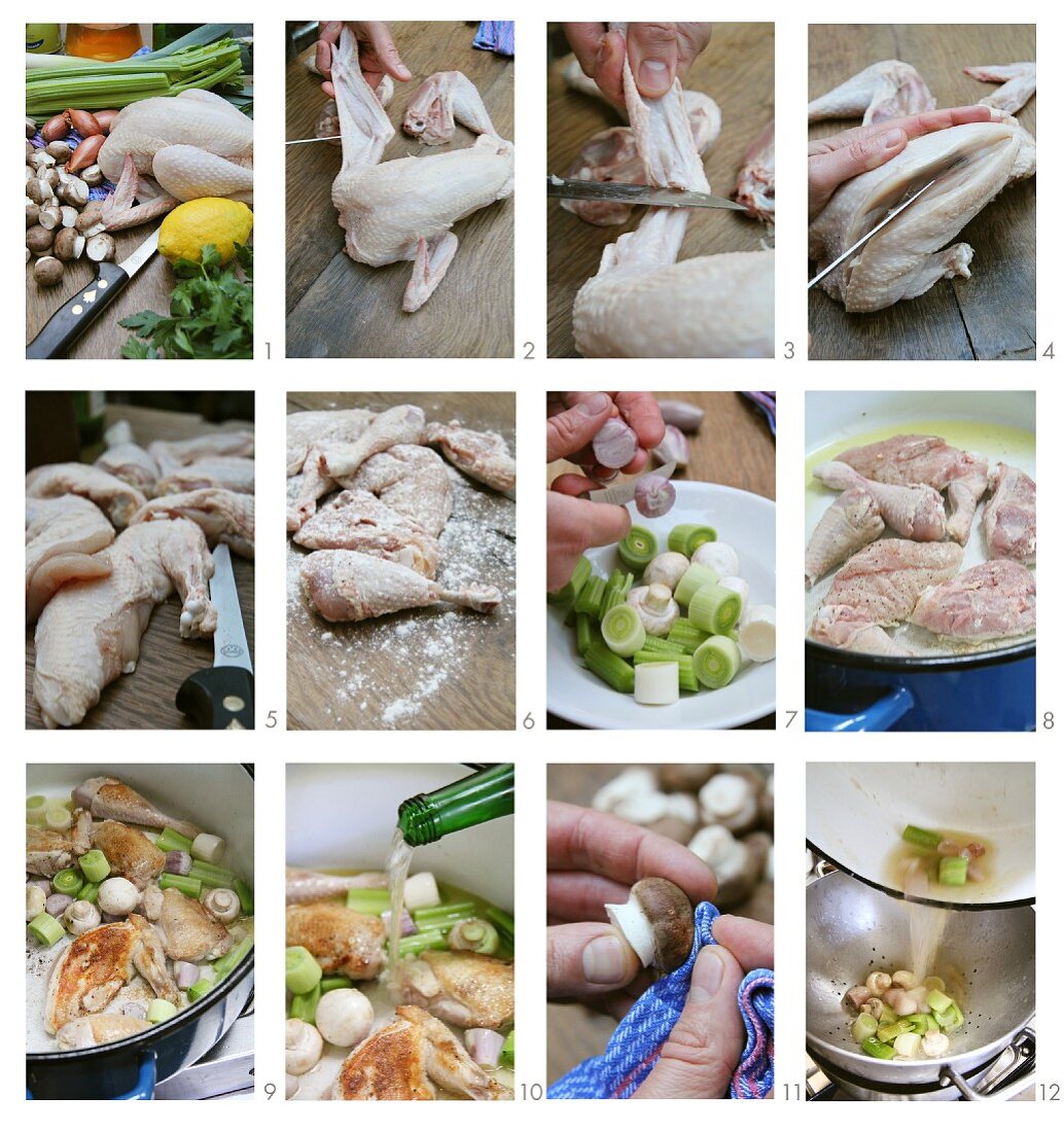 Chicken in a wine broth with mushrooms being prepared