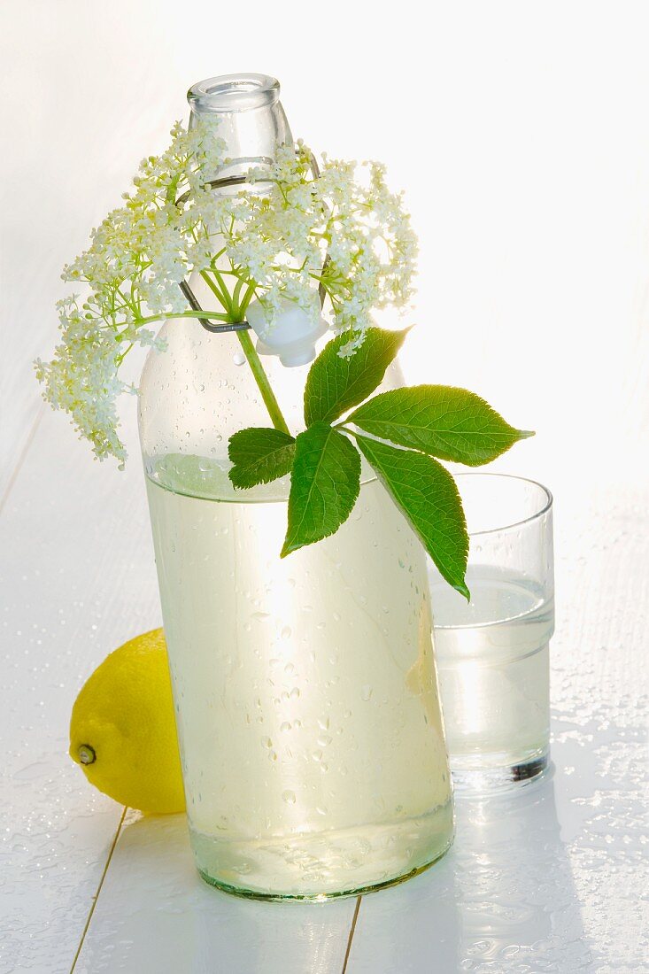 A bottle and a glass of elderflower lemonade
