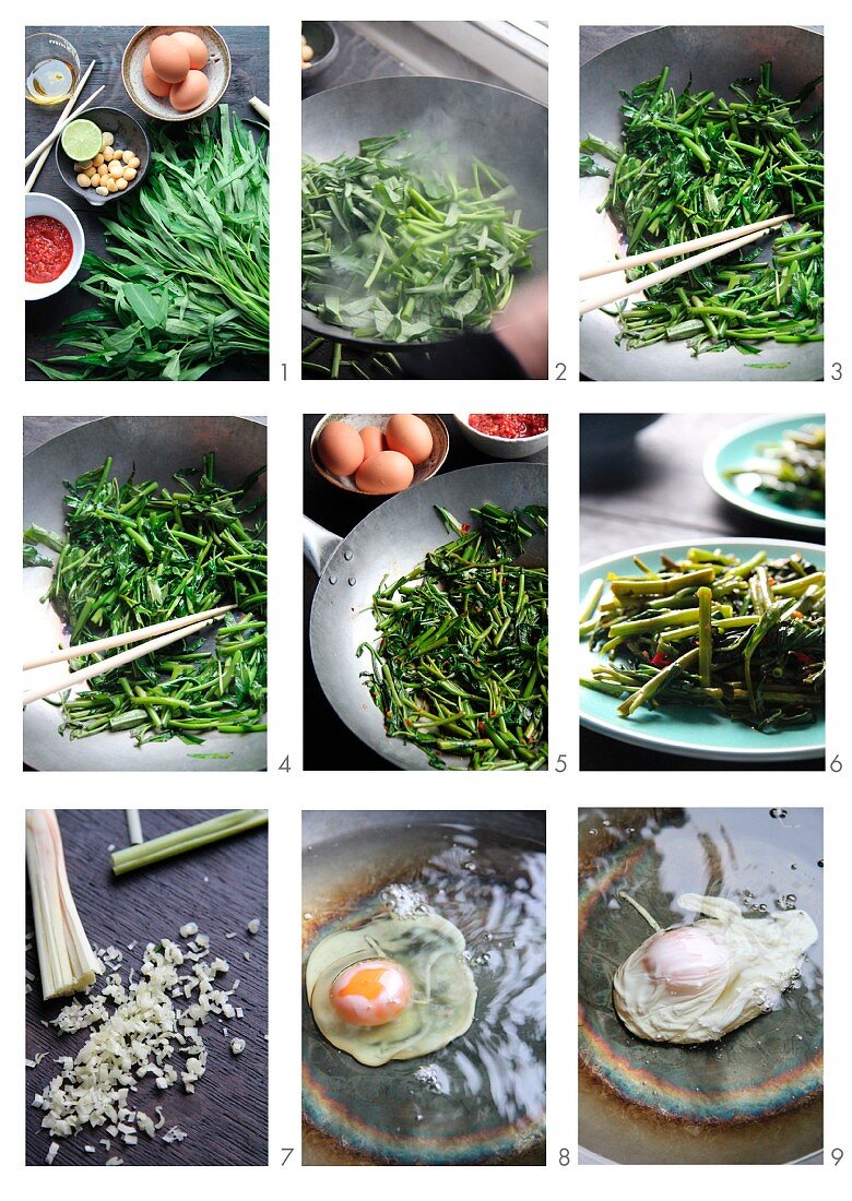 Water spinach with poached egg being made