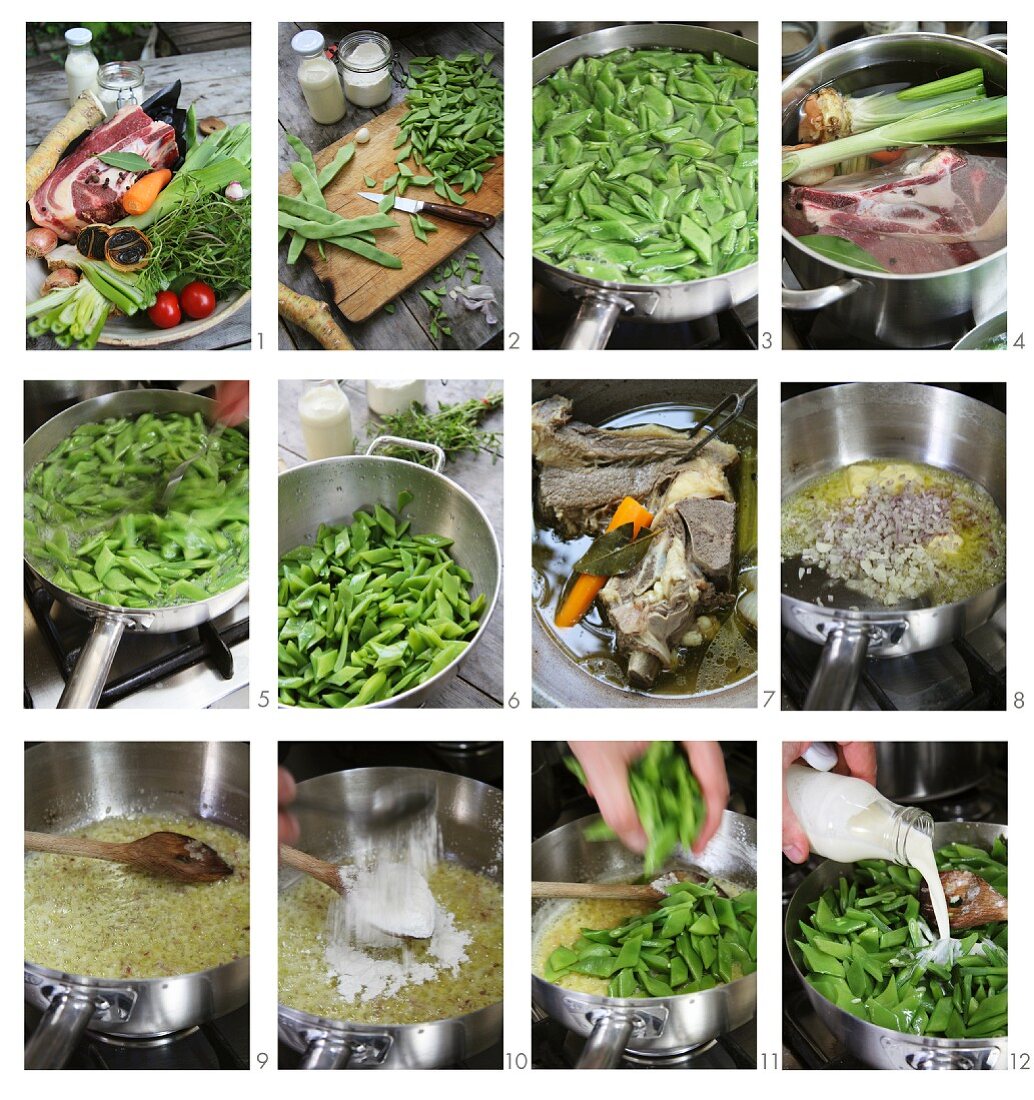 Beef (short rib) with creamy beans being prepared