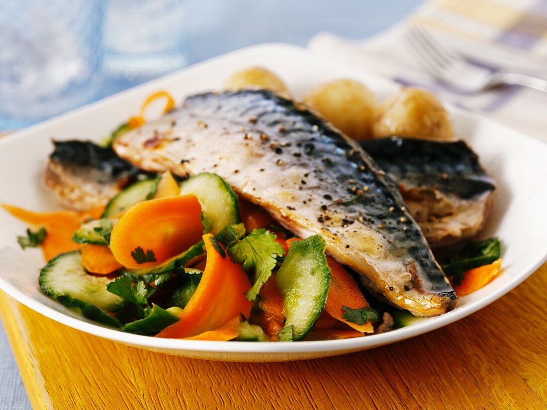 Mackerel on a carrot and cucumber salad