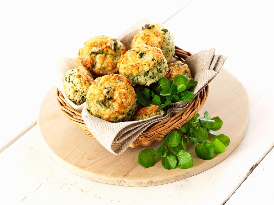 Scones with watercress in a bread basket