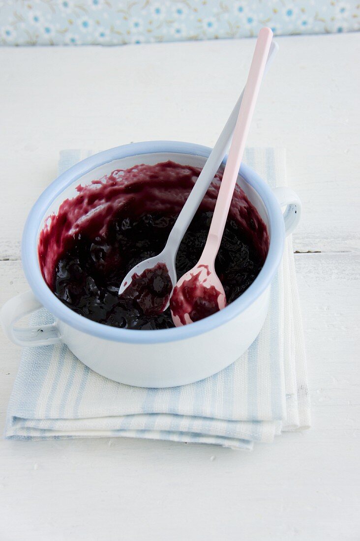 Homemade blueberry jam in a pot