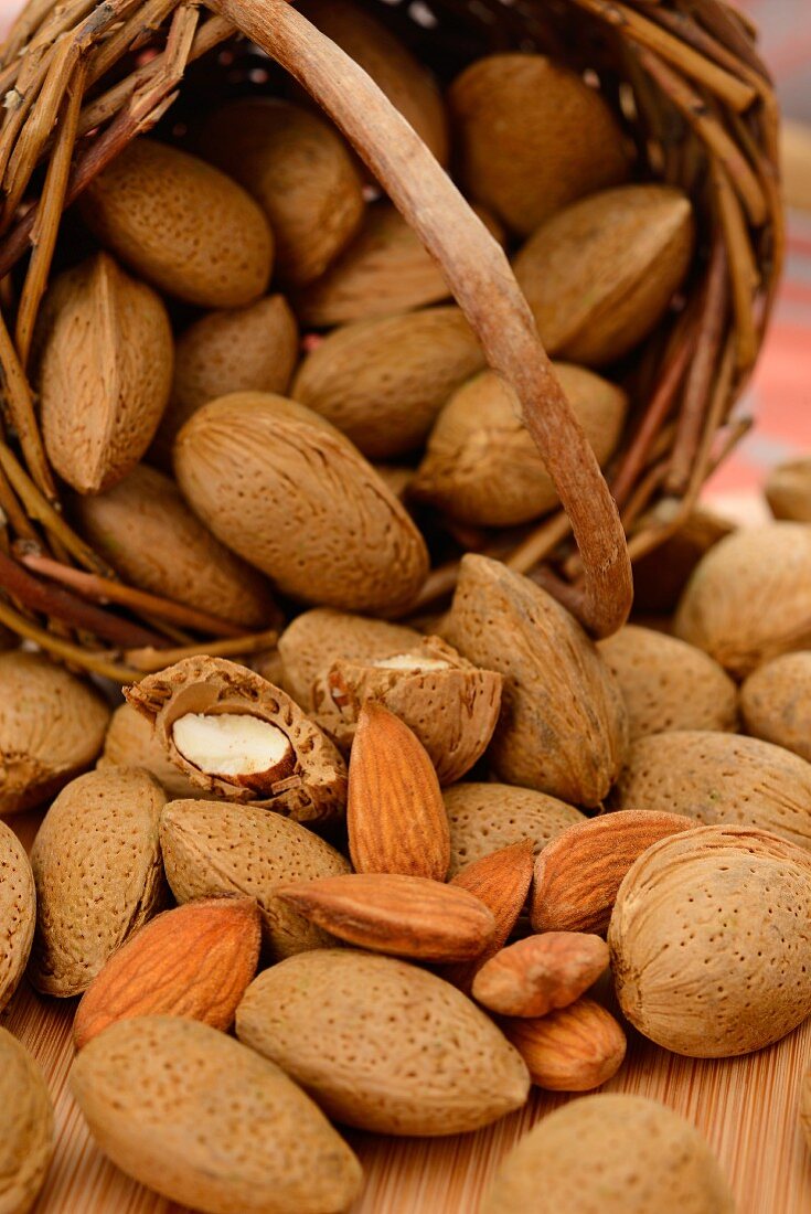 Almonds, some in a basket