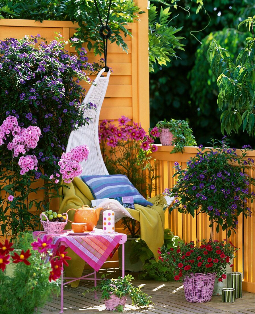 Comfortable hanging chair on balcony with colourful flowering plants