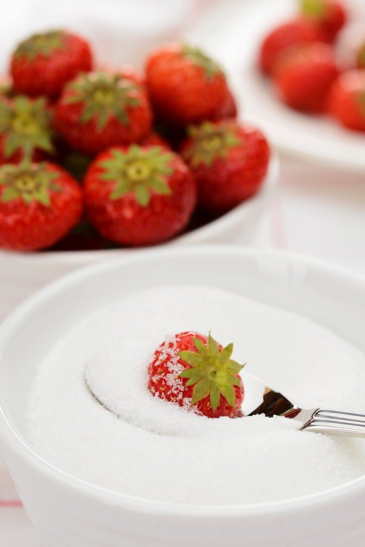 A strawberry being rolled in sugar