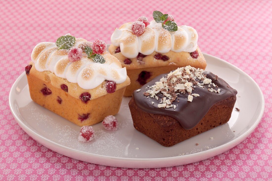 Mini cakes: chocolate cake and redcurrant cakes with meringue