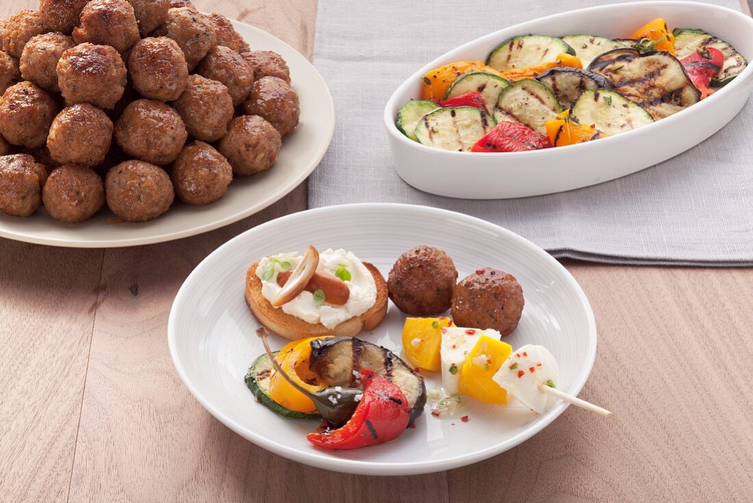 Party food: meatballs and grilled vegetables