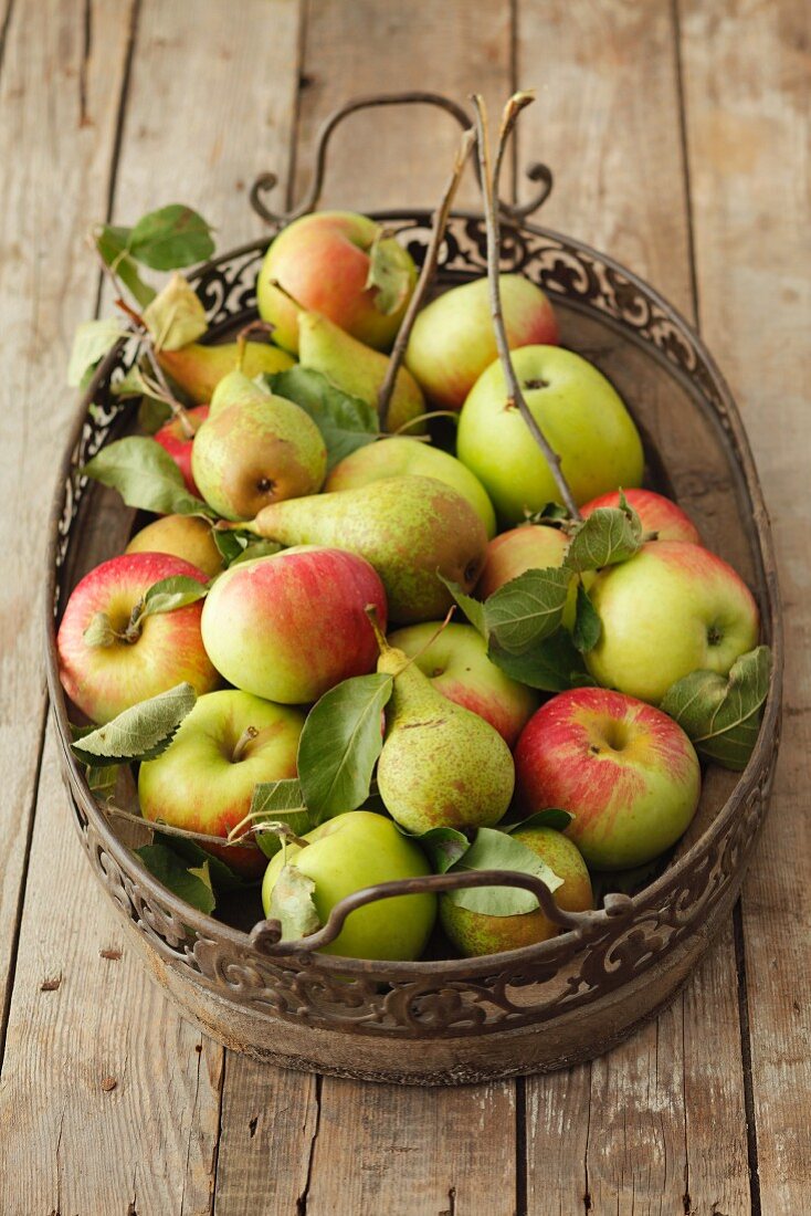 Apples and pears on a tray
