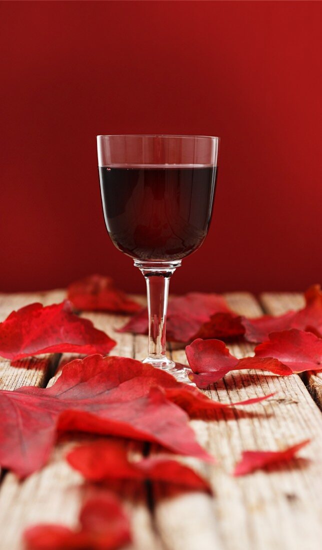 Ein Rotweinglas zwischen roten Herbstblättern