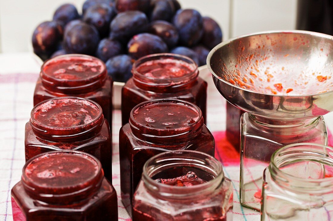 Jars of homemade damson jam