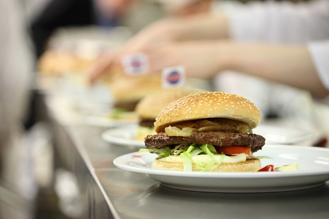 Hamburgers in a commercial kitchen