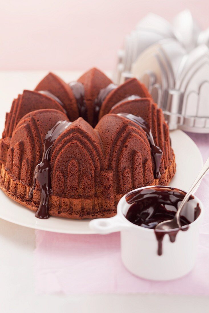 Espresso chocolate cake made using a cathedral-shaped baking tin