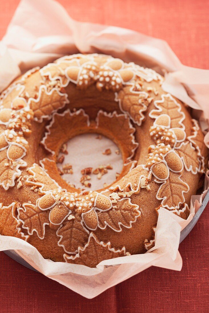 Pumpkin cake made with an autumnal leaf baking tin