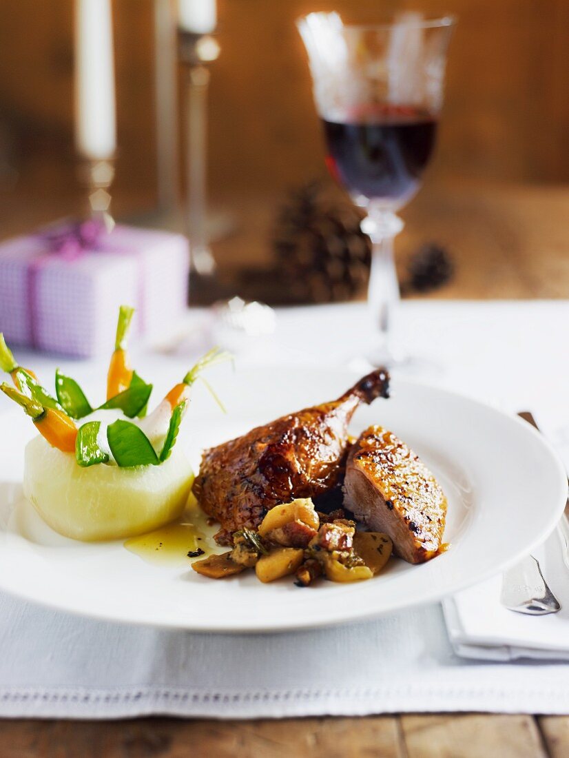 Glazed duck with stuffed kohlrabi and vegetables