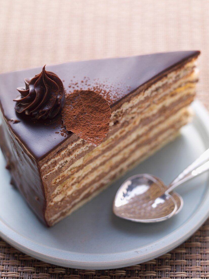 A slices of Prinzregententorte (Bavarian chocolate sponge cake)