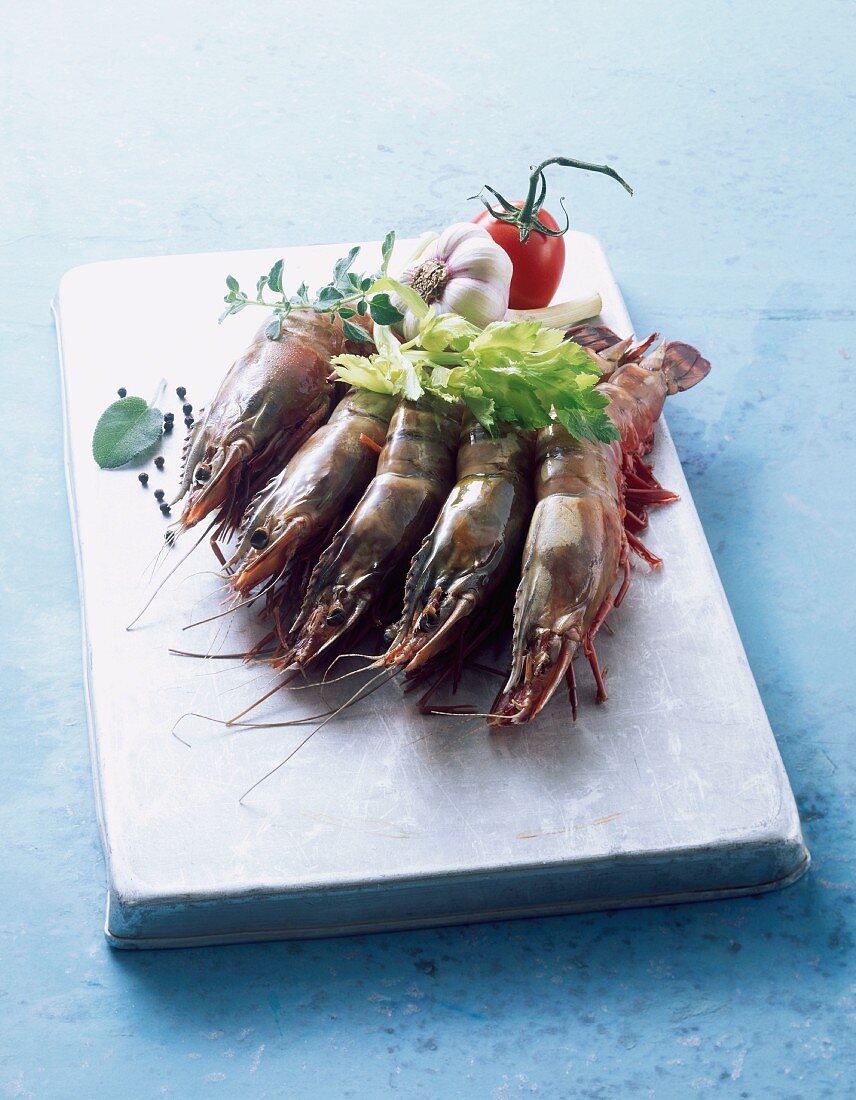 Fresh prawns, garlic, tomatoes and herbs