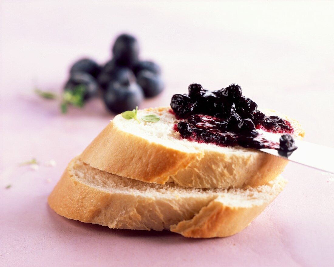 Baguette topped with blueberry and thyme preserve
