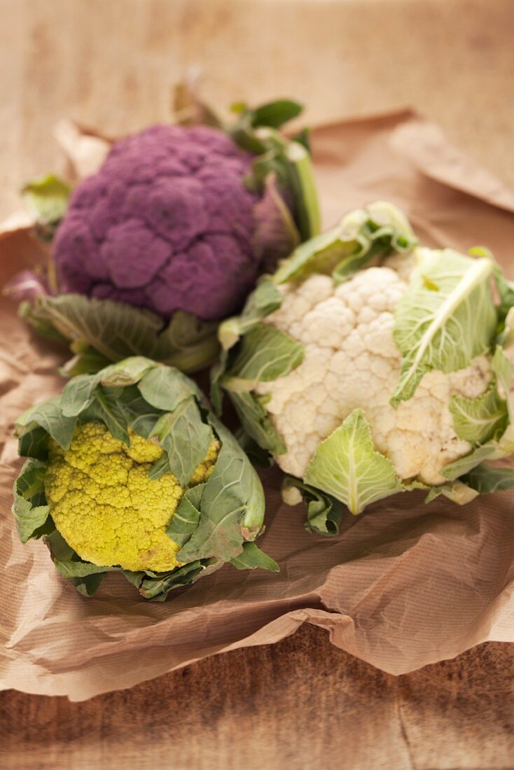 White, purple and green cauliflowers