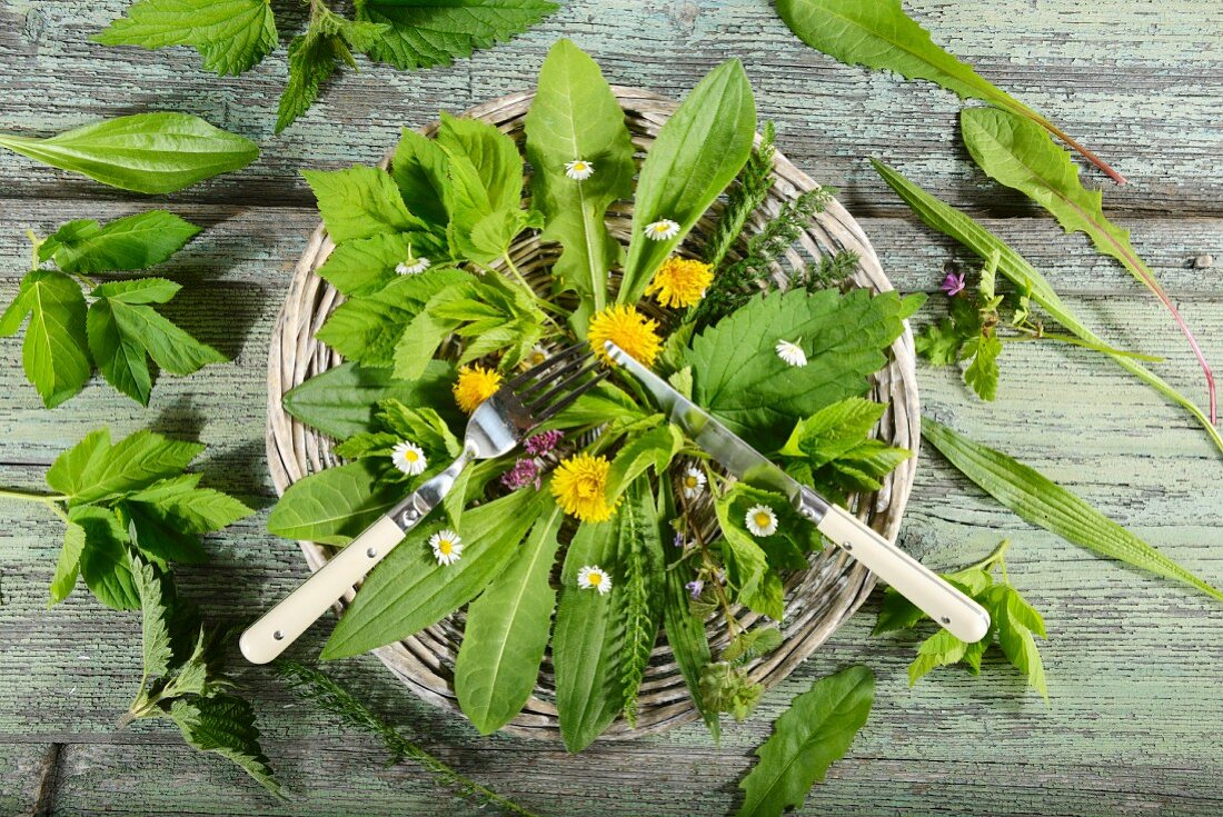 Various herbs in a basket with cutlery