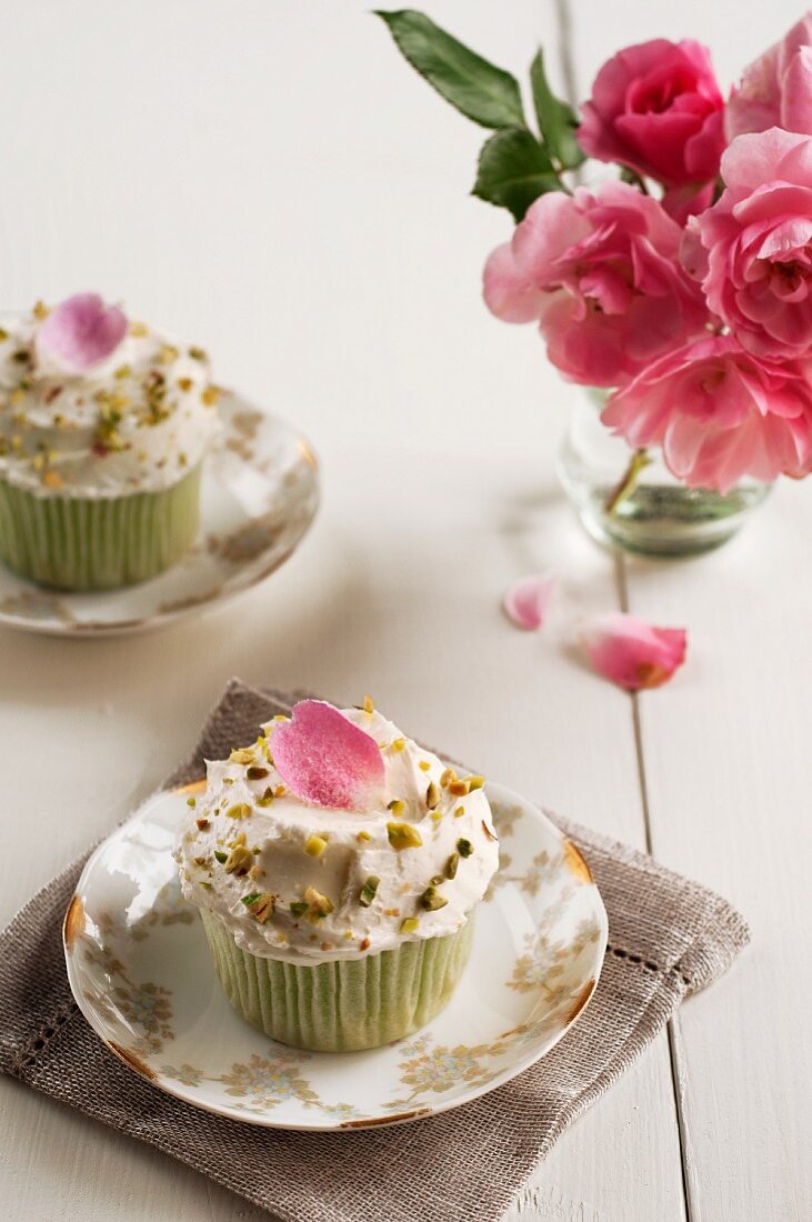 Frosted Cupcakes with Pistachios and Candied Rose Petals