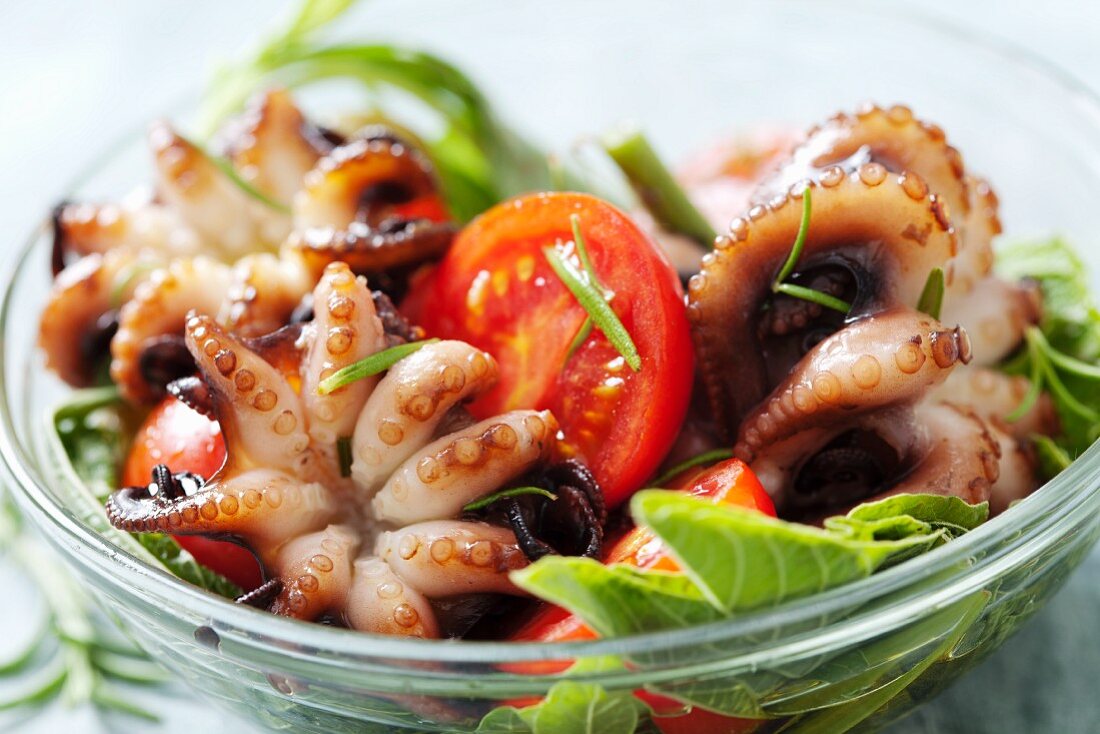 Octopus salad with tomatoes and amaranth