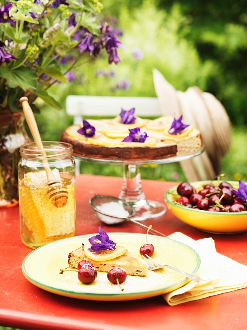 A honey and ricotta tart on a table in a garden