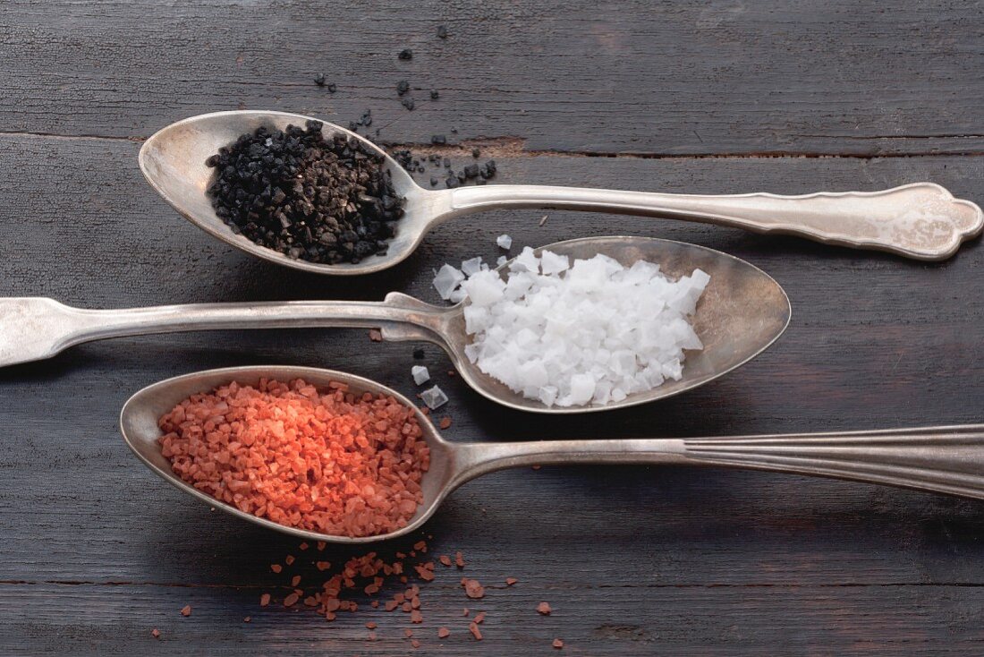 Three types of salt on silver spoons