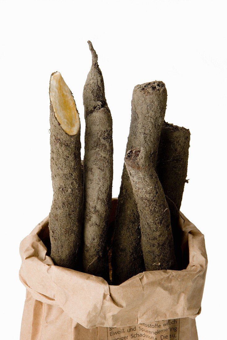Black salsify in a paper bag against a white background