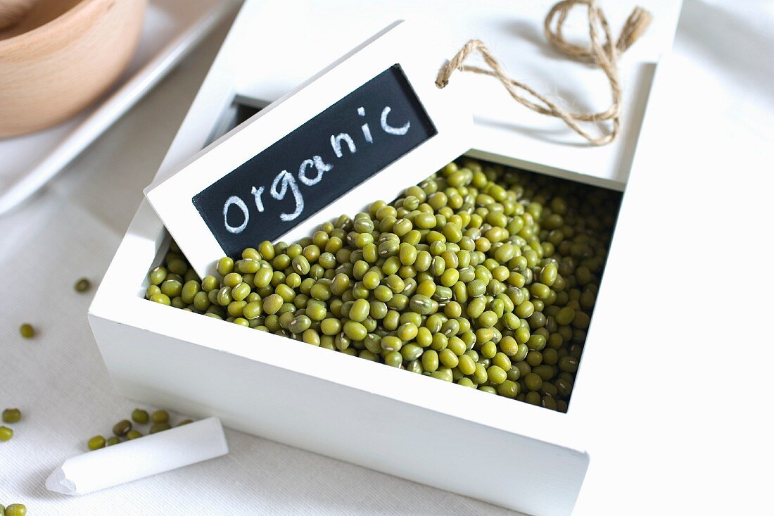 Mung beans in a white box