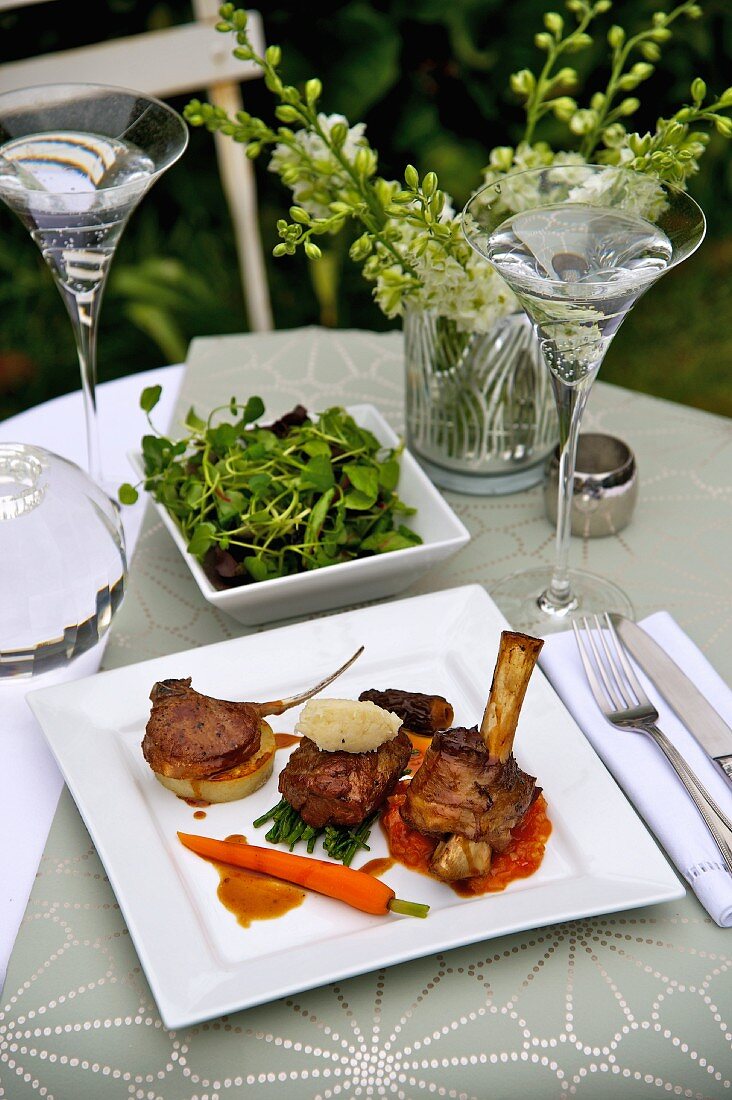 Trio of lamb with vegetables and salad