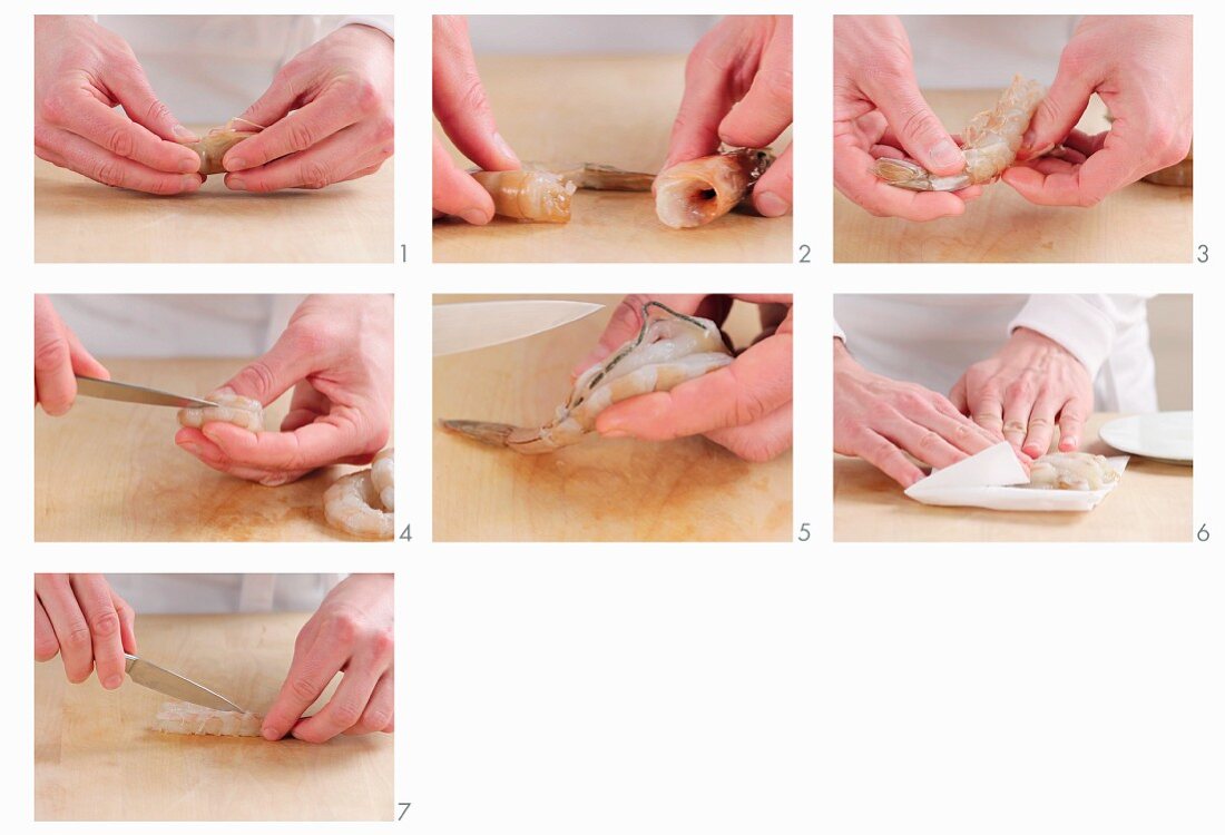 Unpeeled prawns being prepared