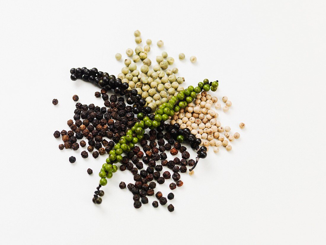 Various peppercorns (green, white, red, black)