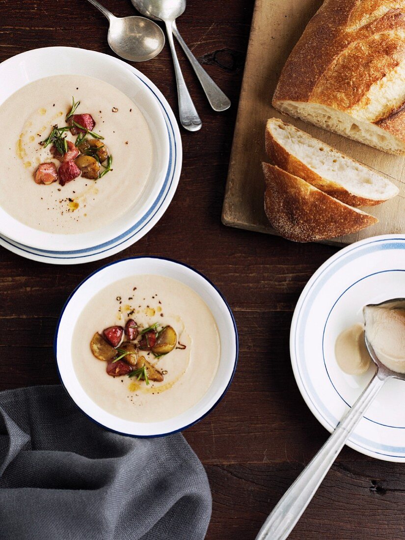 Cream of bacon and celery soup with roasted chestnuts