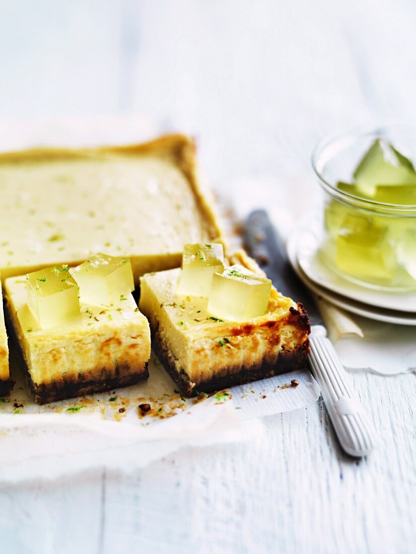 Lime and mascarpone cake with cubes of lime jelly