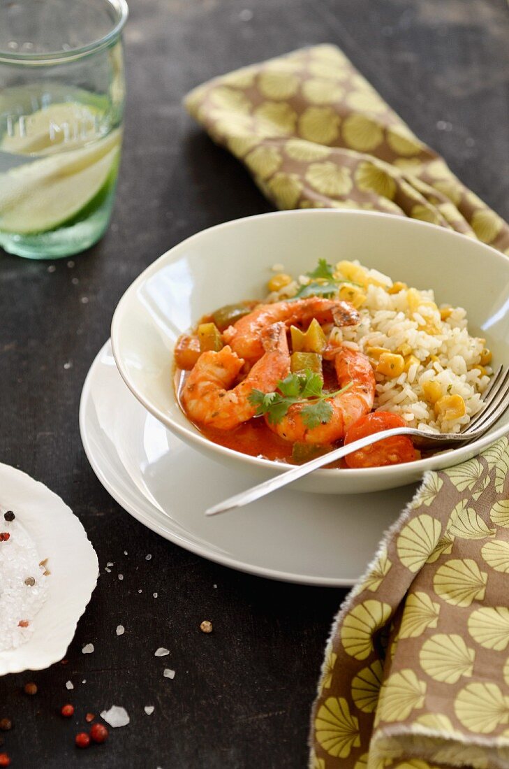Prawns in tomato sauce with rice and sweetcorn