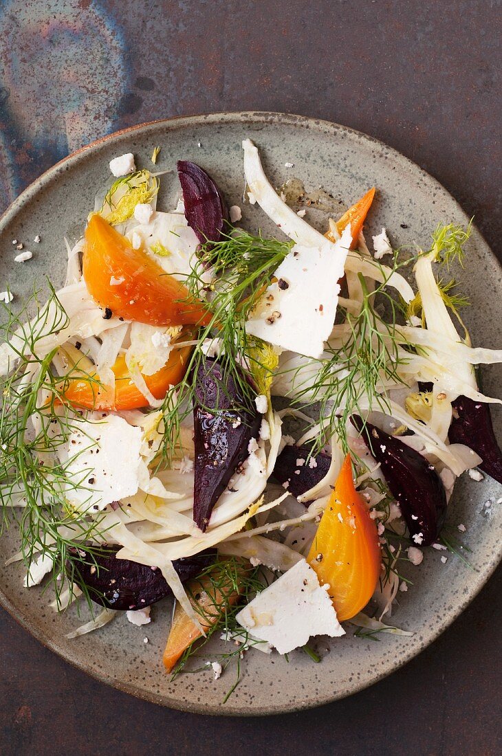 Beet and Fennel Salad with Ricotta Salata and Cracked Pepper; From Above