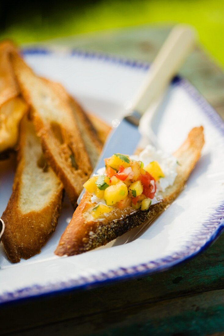 Peach Salsa on a Slice of Toasted Bread; On a Dish with Slices of Toasted Bread