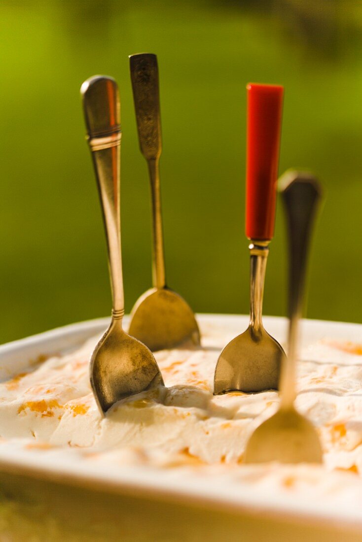 Four Spoons Standing in a Dish of Homemade Peach Ice Cream