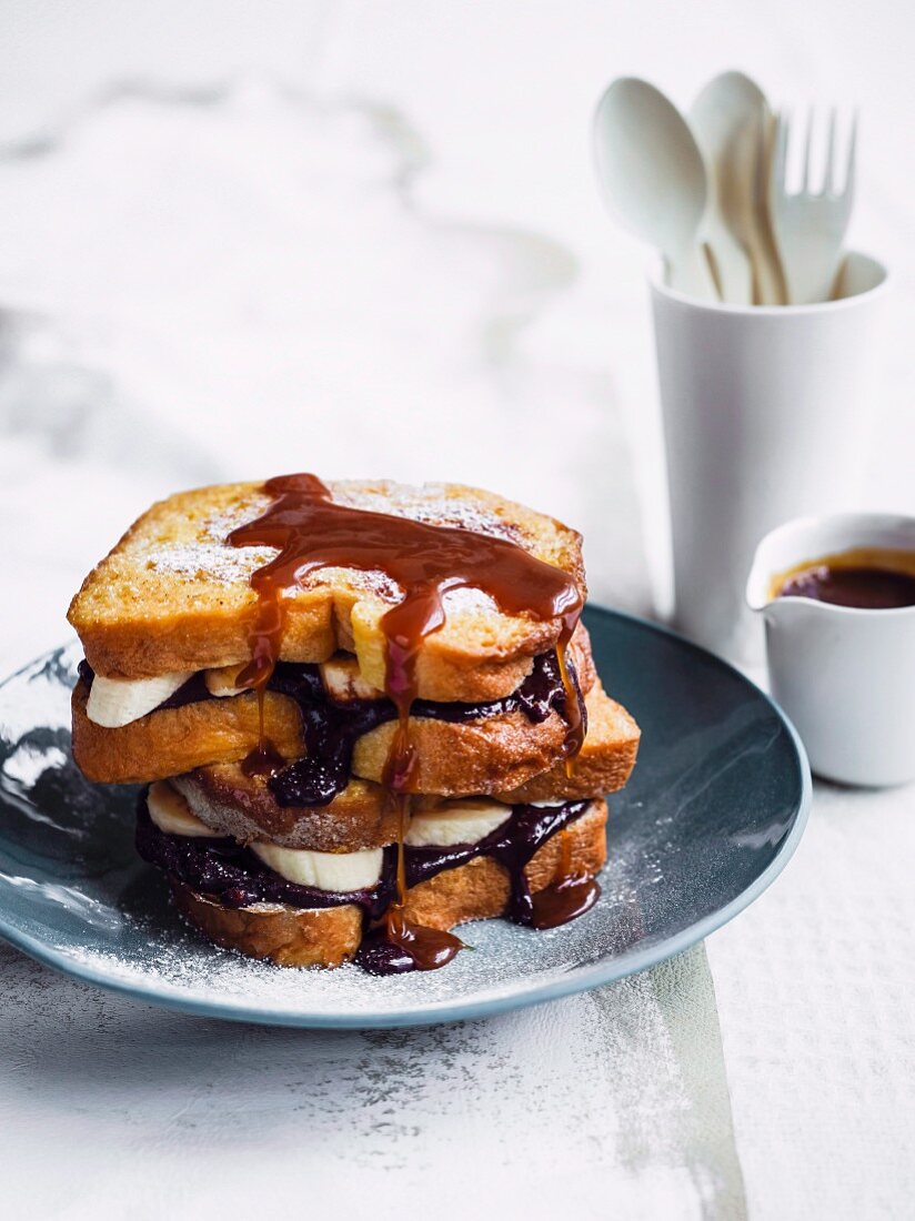 French Toast with bananas, chocolate and caramel sauce