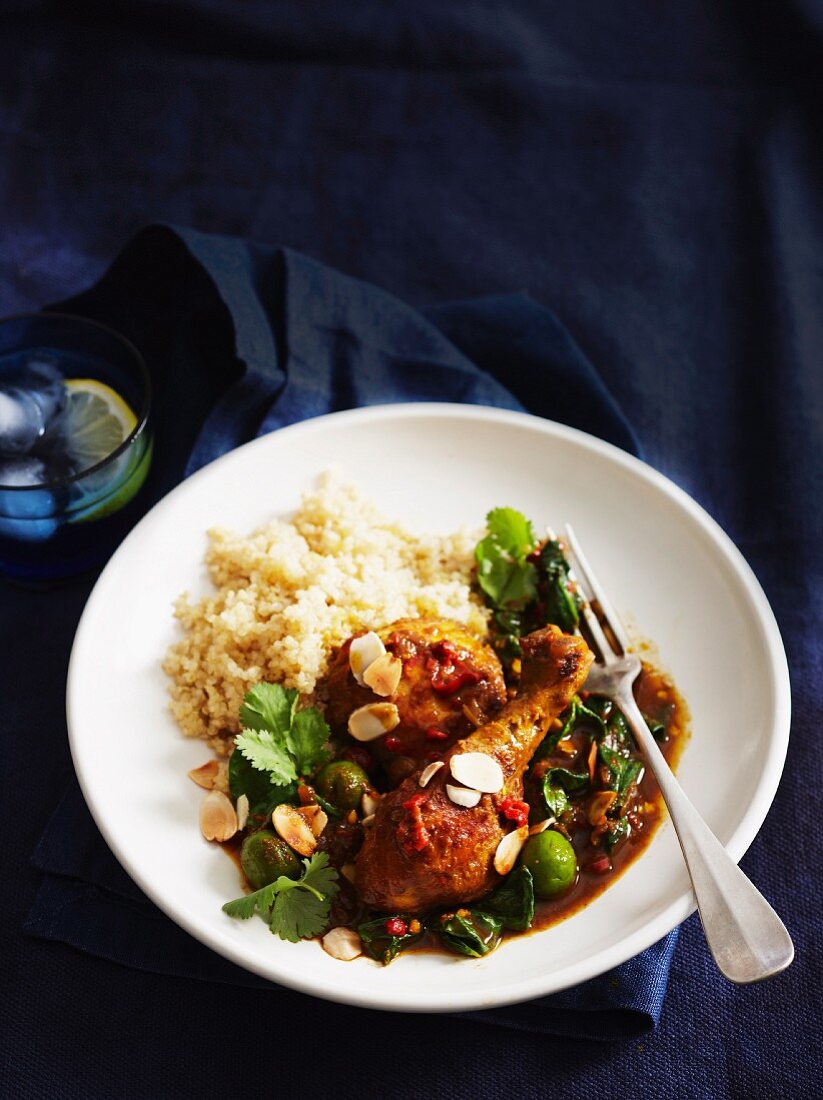 Moroccan chicken with slivered almonds, olives and couscous