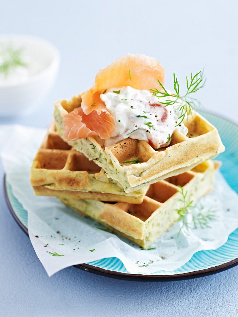 Herb waffles with smoked salmon and crème fraîche