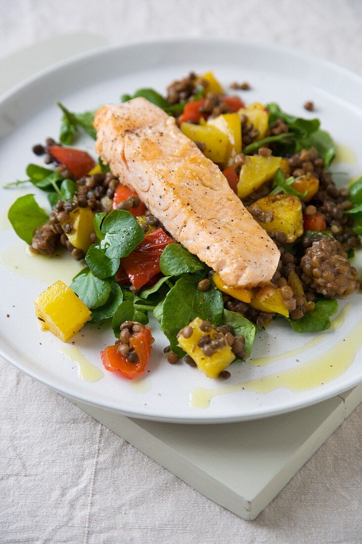 Salmon with Lentils and Roasted Vegetables