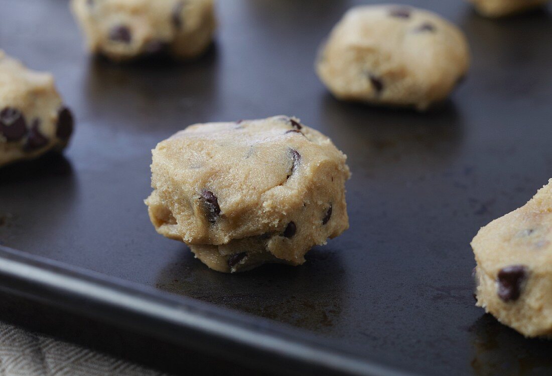 Unbaked Balls of Chocolate Chip Cookie Dough on a Pan Ready to be Baked