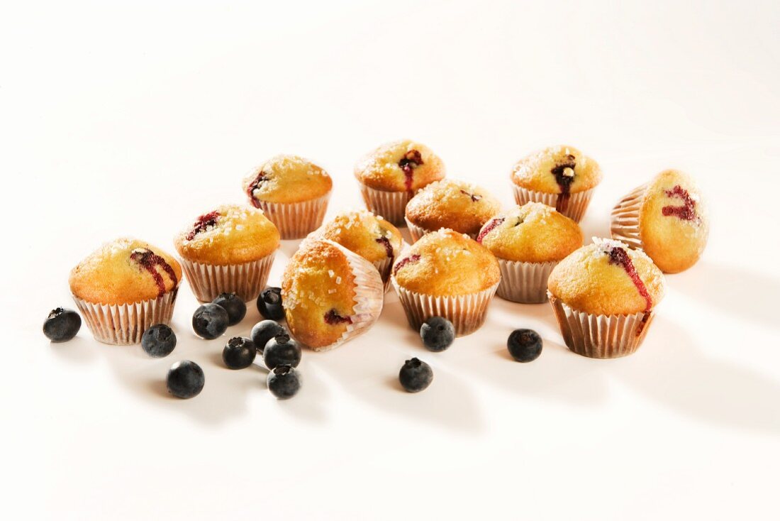 Mini Blueberry Muffins with Fresh Blueberries on a White Background