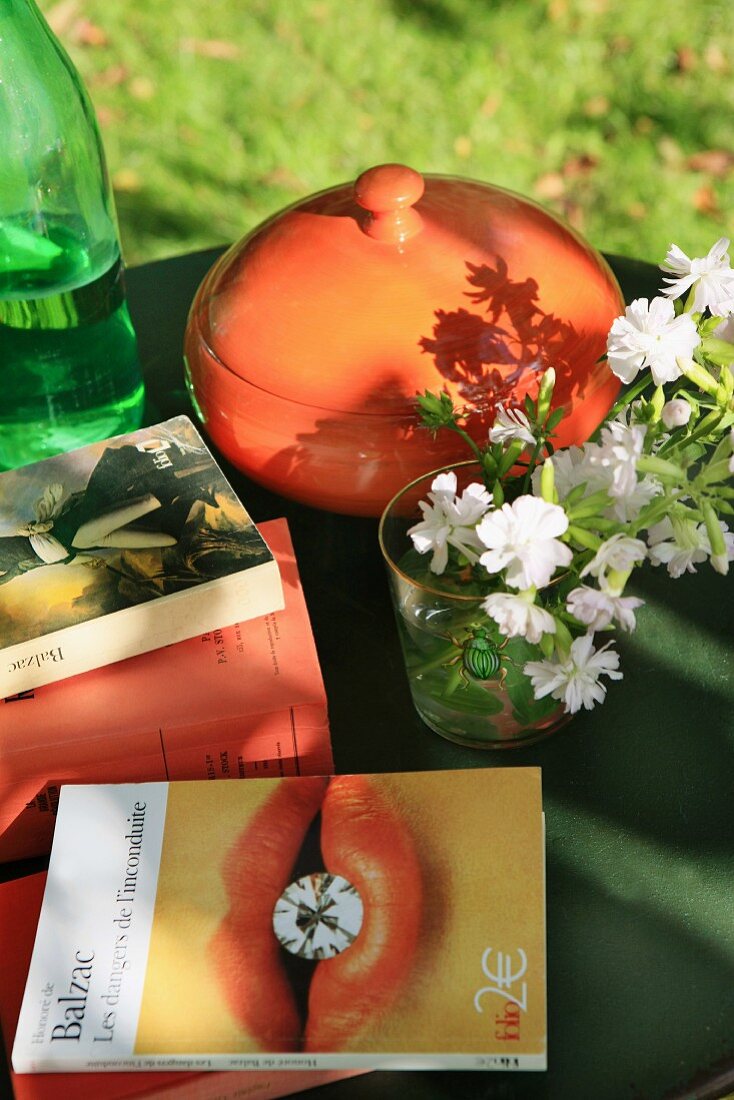 Bücher, Blume und Topf auf einem Gartentisch